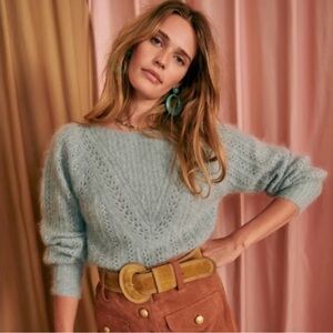 Sezane Pale Blue Lace-Knit Scoop Sweater